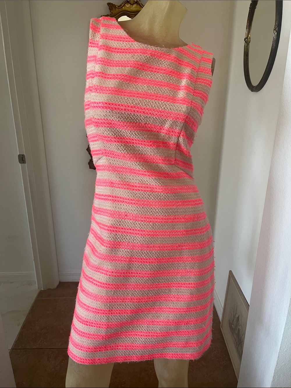 Eliza J Neon Pink and Cream Striped Sleeveless Shift Dress
